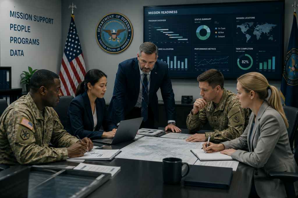 Professional team collaborating in a government conference room